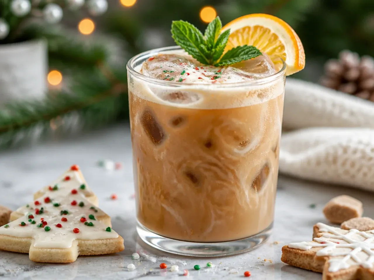 Iced sugar cookie latte in a glass with a sprinkle-rimmed edge