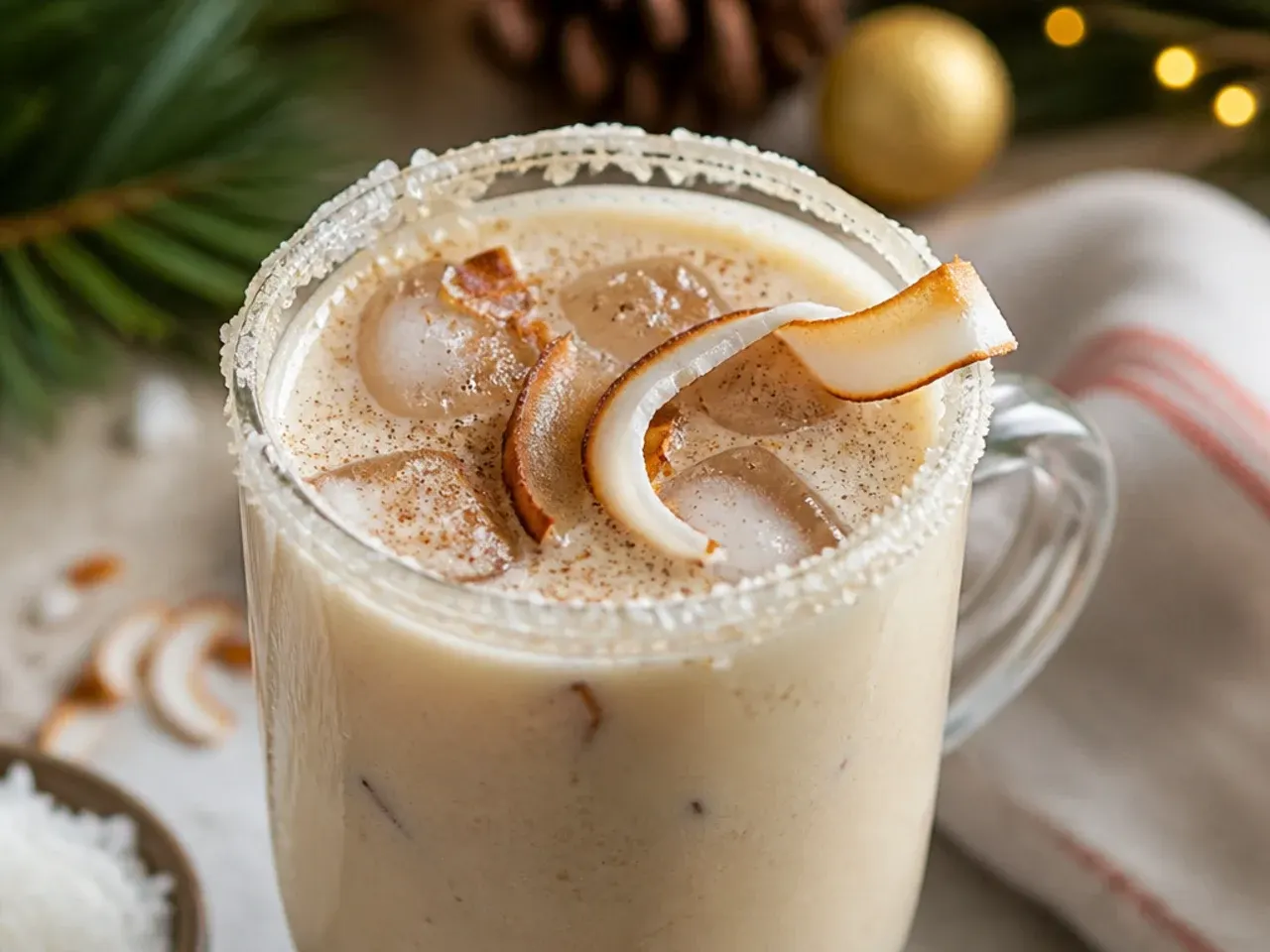 Creamy coconut eggnog in a glass topped with toasted coconut flakes