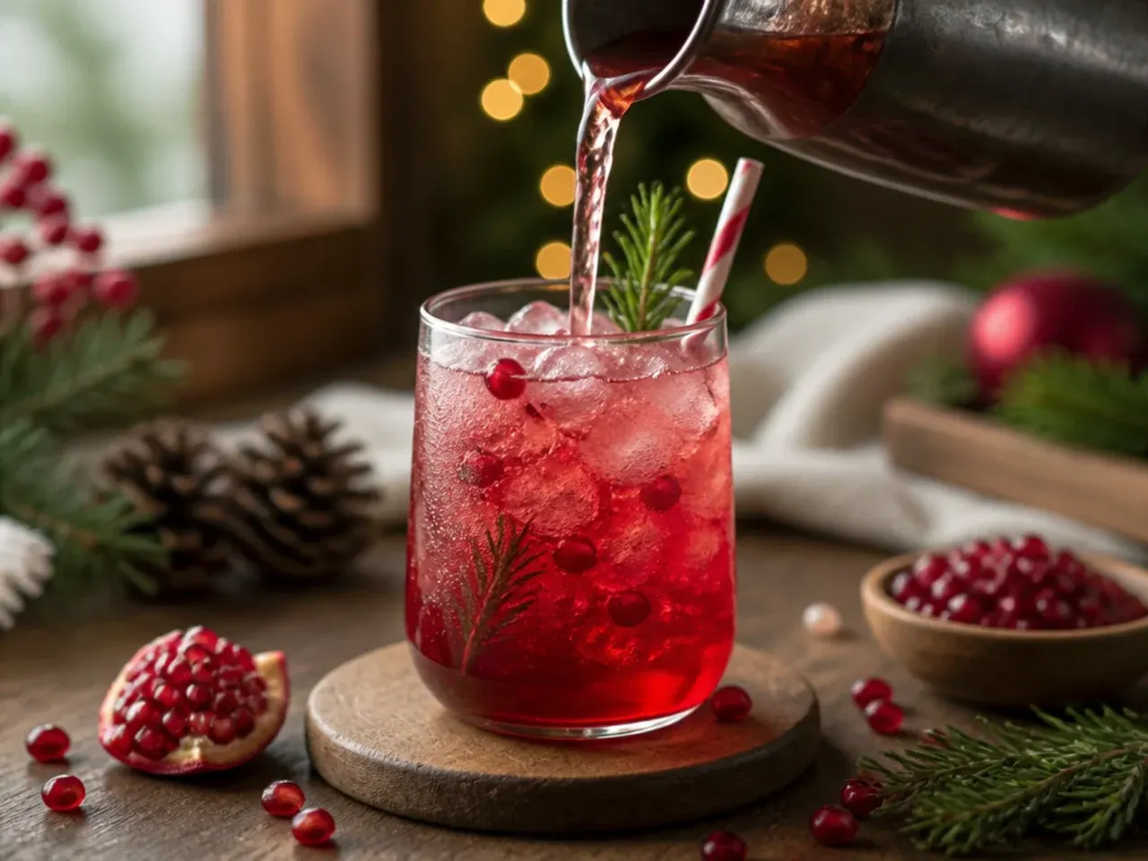 Refreshing pomegranate spritzer in a glass garnished with pomegranate arils