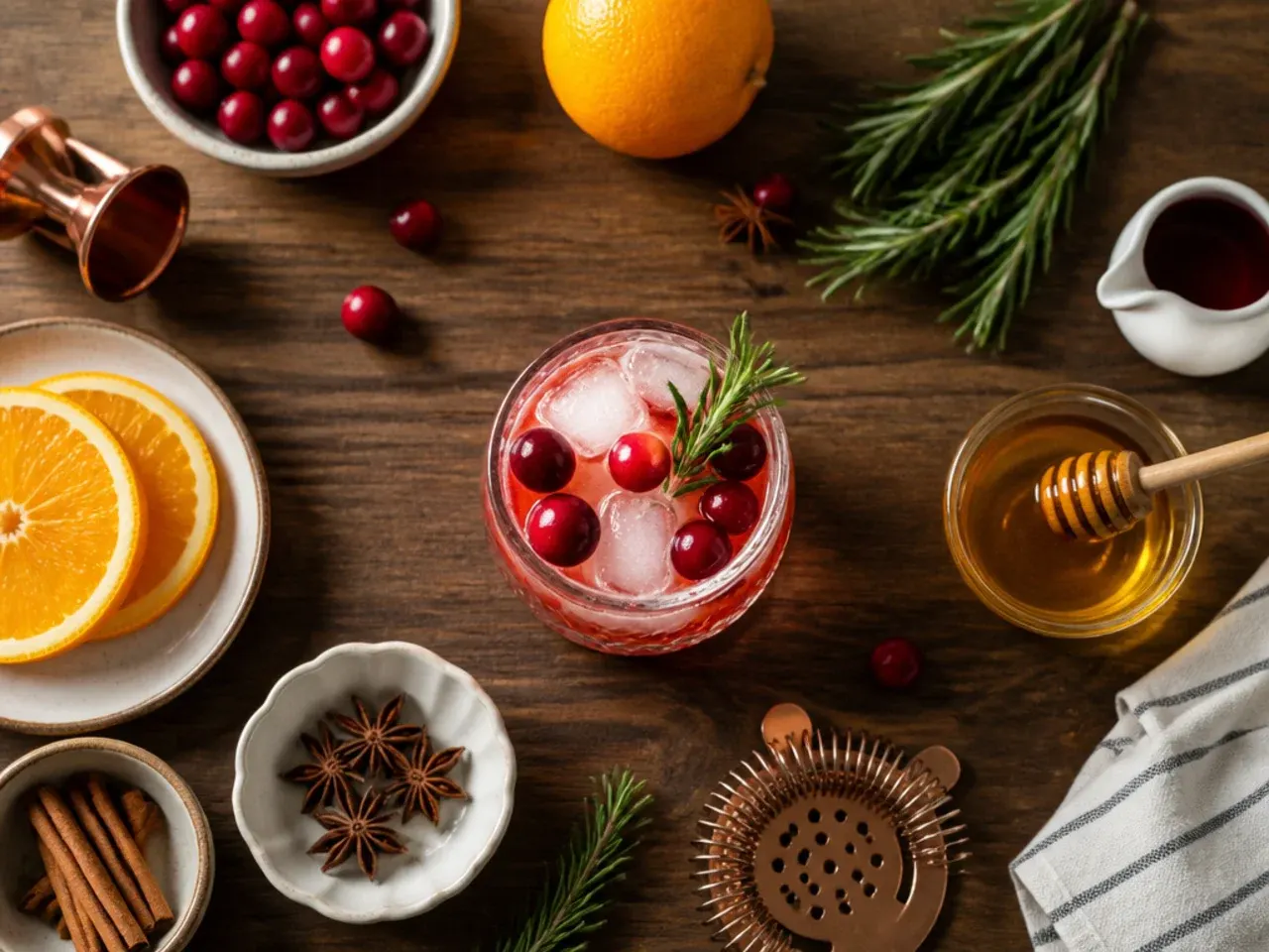 Bar setup with syrups, spices, and glassware for making holiday drinks nonalcoholic