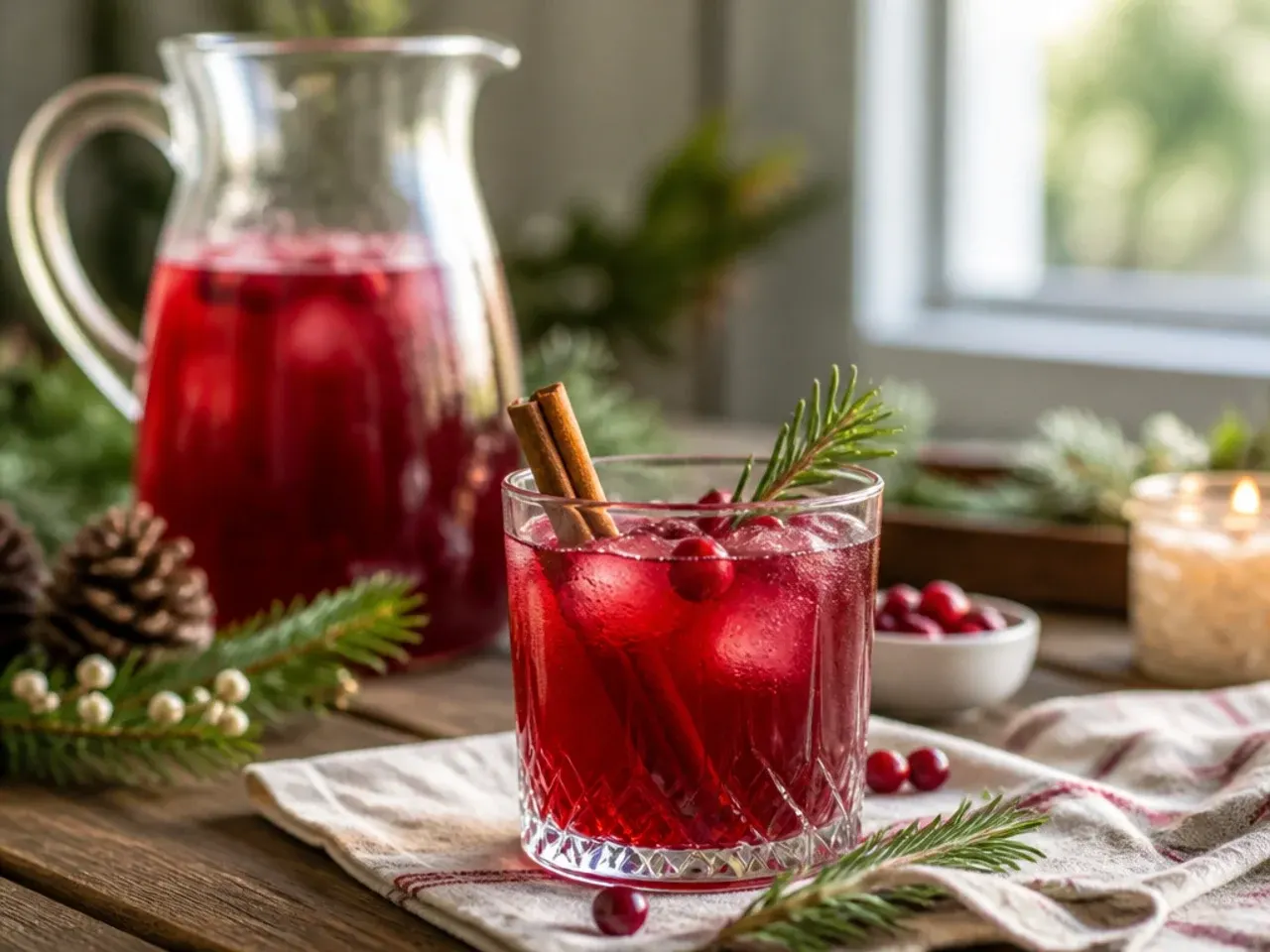 Pitchers of make-ahead holiday drinks nonalcoholic lined up in the fridge