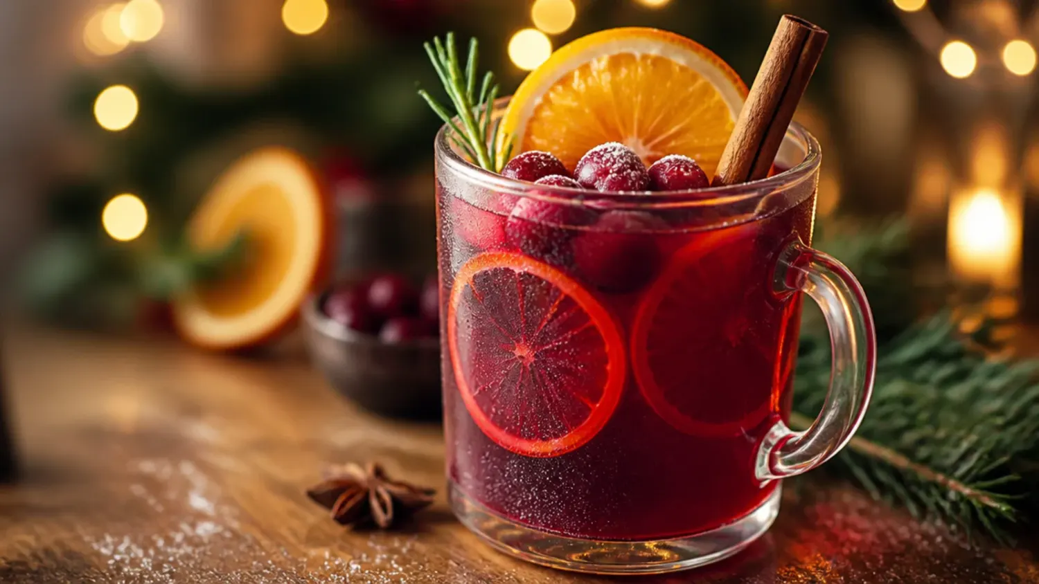 A steaming holiday drinks recipe punch bowl of spiced cranberry orange cider with cinnamon stick garnish and rising steam
