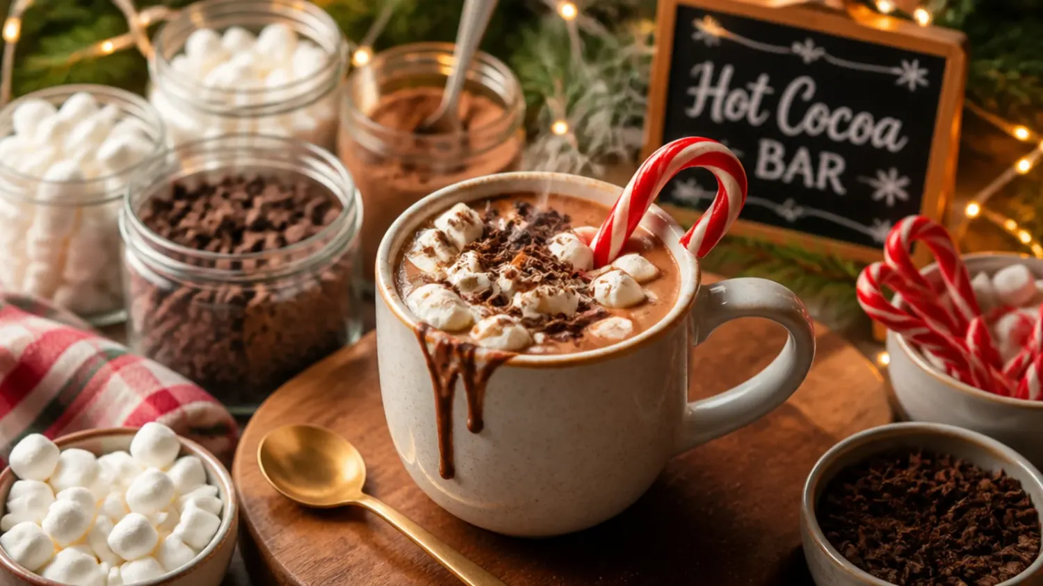 Holiday hot cocoa bar table with mugs, whipped cream, marshmallows and toppings laid out