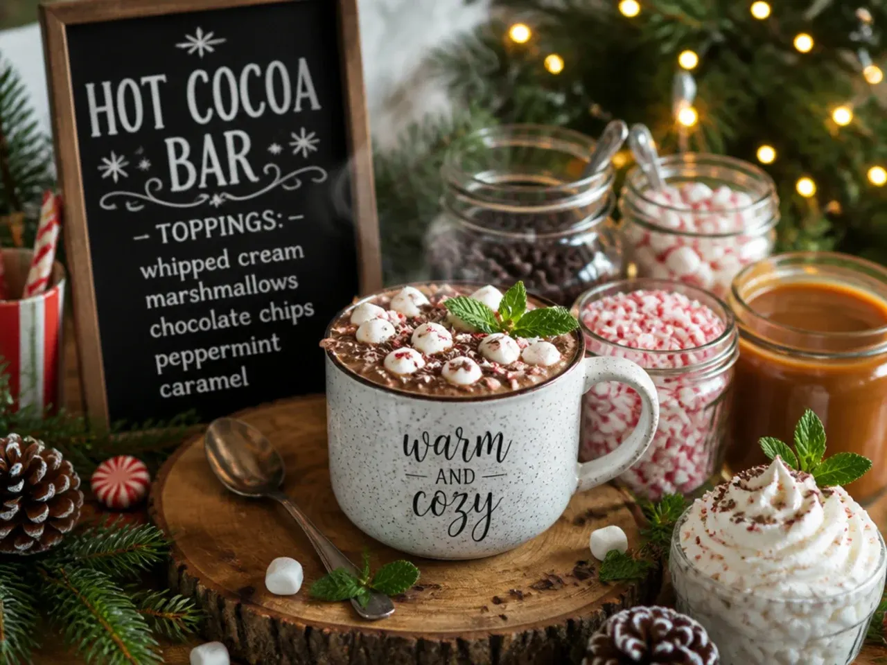 Overhead view of a holiday hot cocoa bar spread with mugs and toppings
