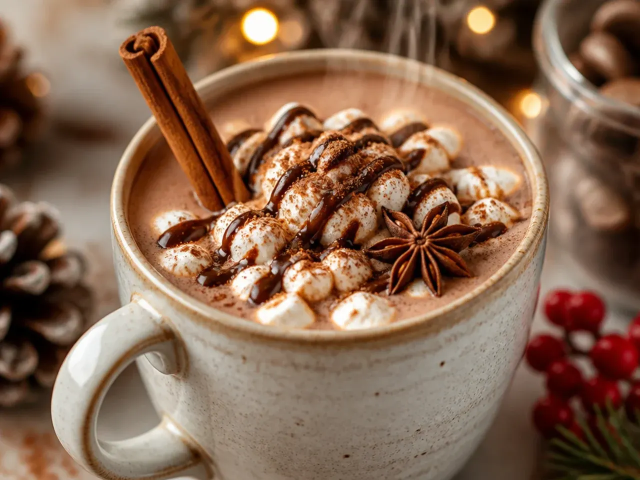 Cinnamon spiced hot cocoa with a cinnamon stick stirrer