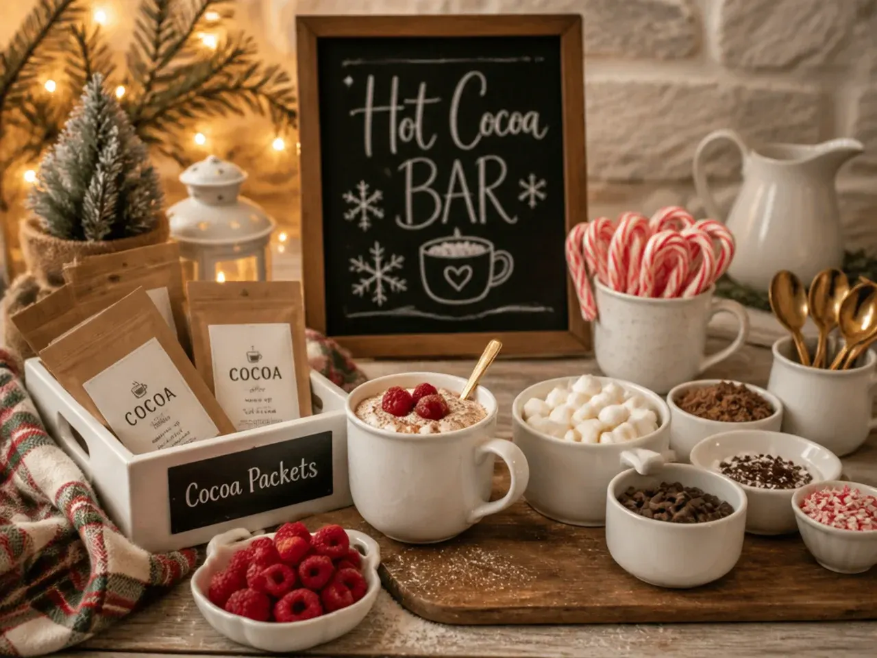 Single-serve hot cocoa mix packets tied with ribbon