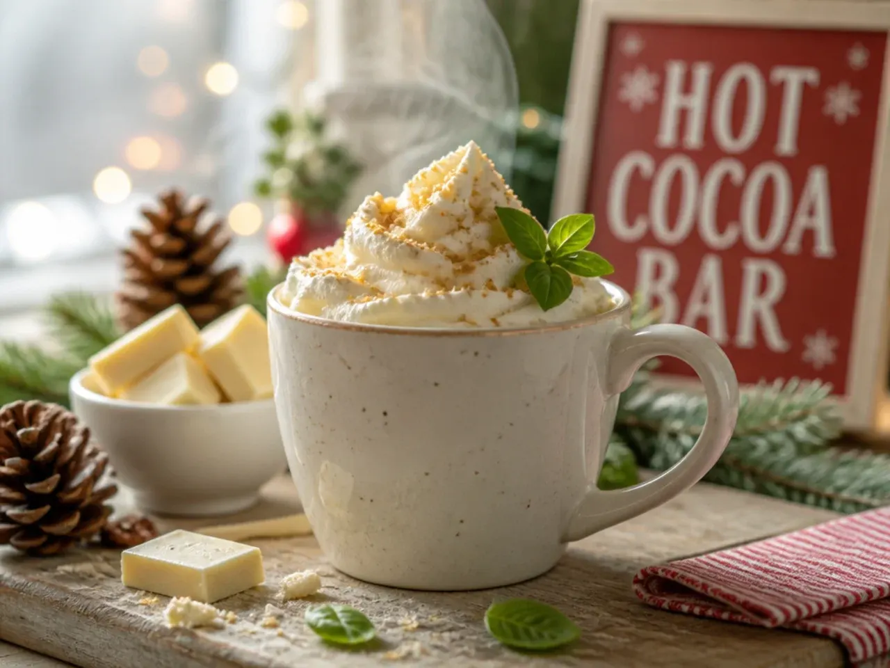 Creamy white hot chocolate in a glass mug