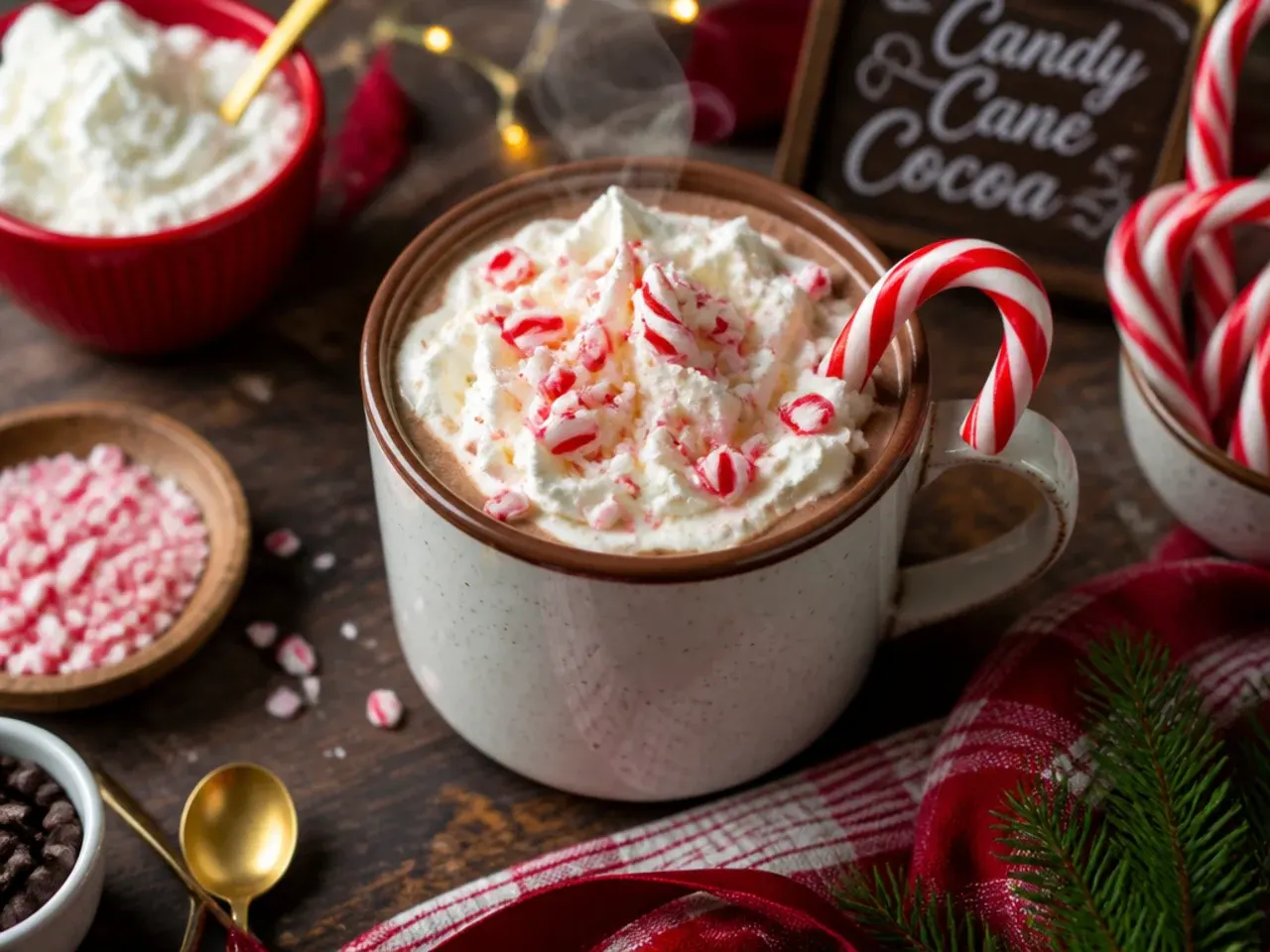 Hot cocoa mug loaded with crushed candy cane and whipped cream