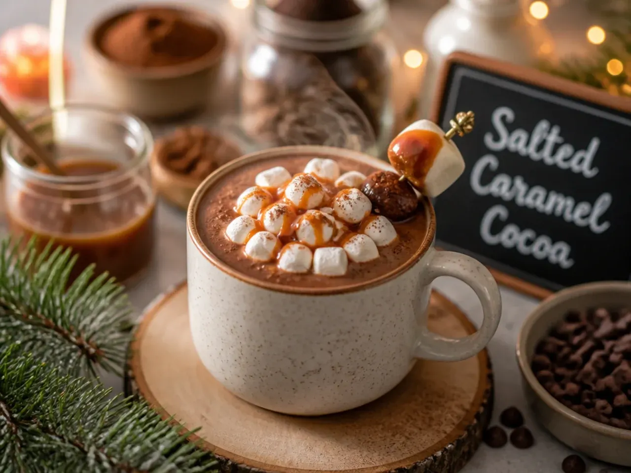 Salted caramel hot cocoa with caramel drizzle and sea salt