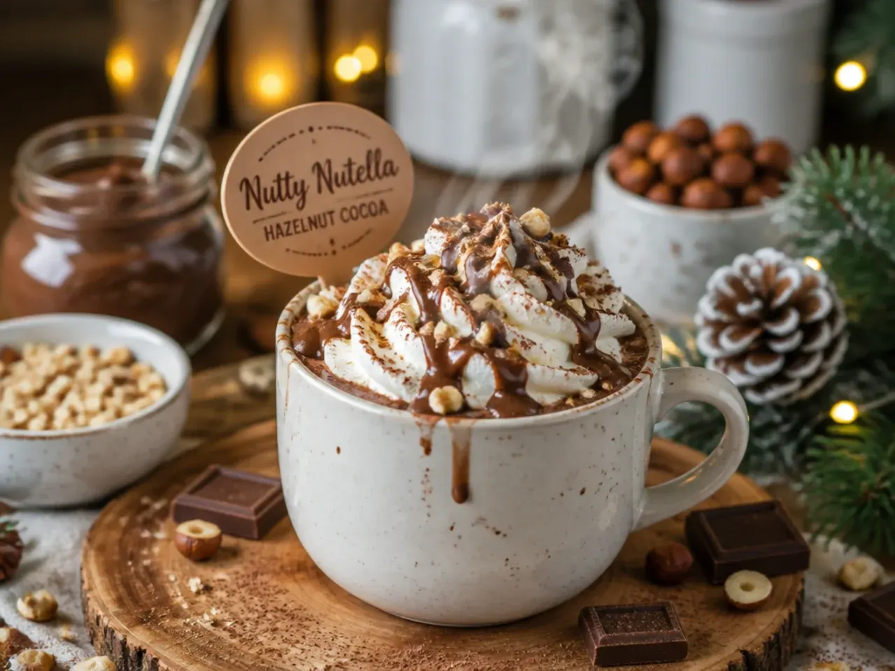 Hazelnut chocolate hot cocoa topped with chopped hazelnuts