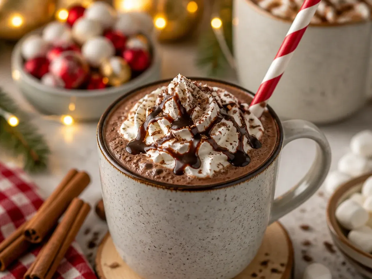 Slow cooker full of hot cocoa with a ladle for serving a crowd