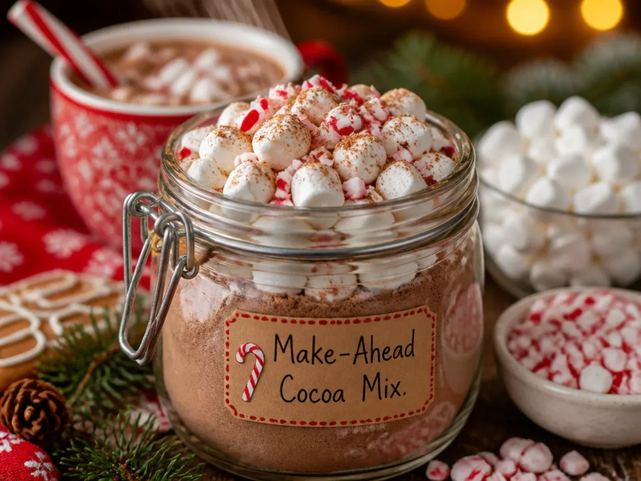 Jar of homemade hot cocoa mix ready to give as a gift