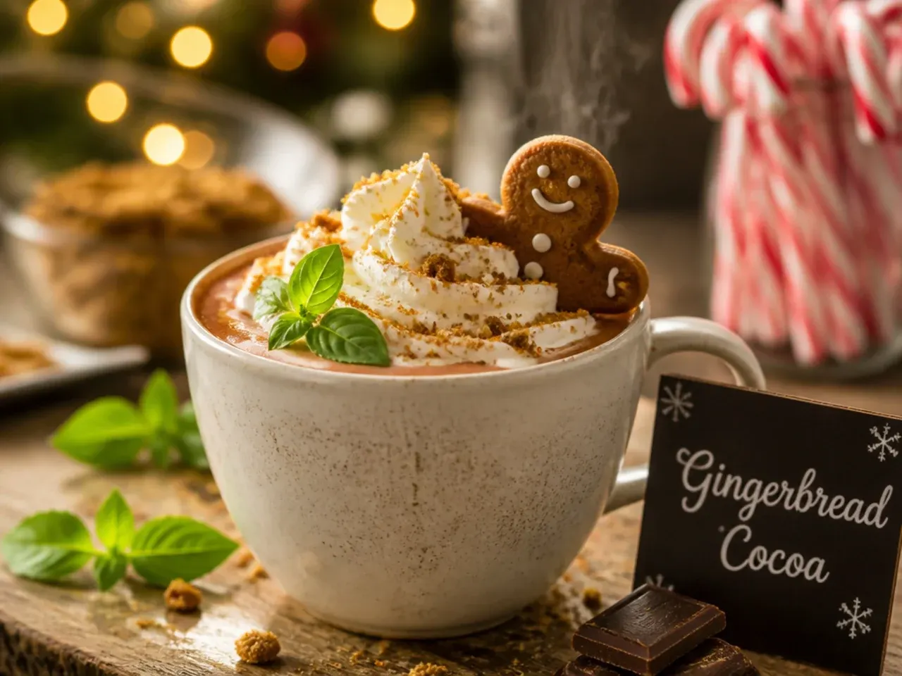 Gingerbread hot cocoa topped with crushed gingerbread biscuit