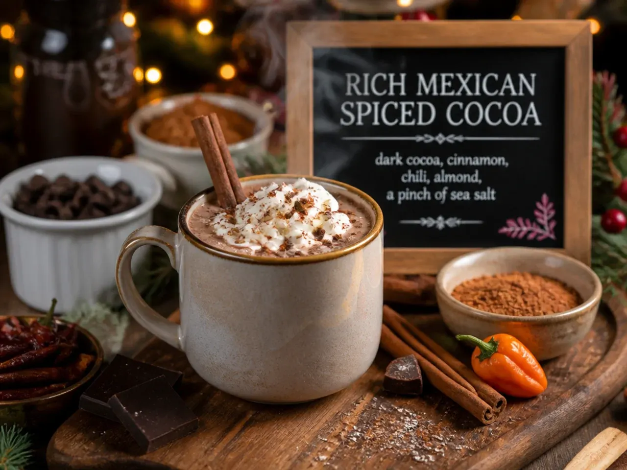 Mexican spiced hot cocoa with a cinnamon stick and cayenne dusting
