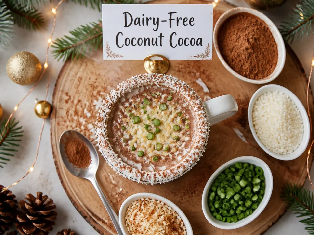 Dairy-free coconut hot cocoa topped with toasted coconut flakes
