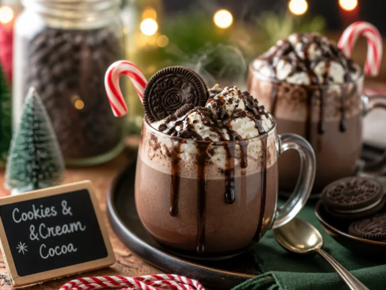Cookies and cream hot cocoa topped with crushed chocolate biscuits