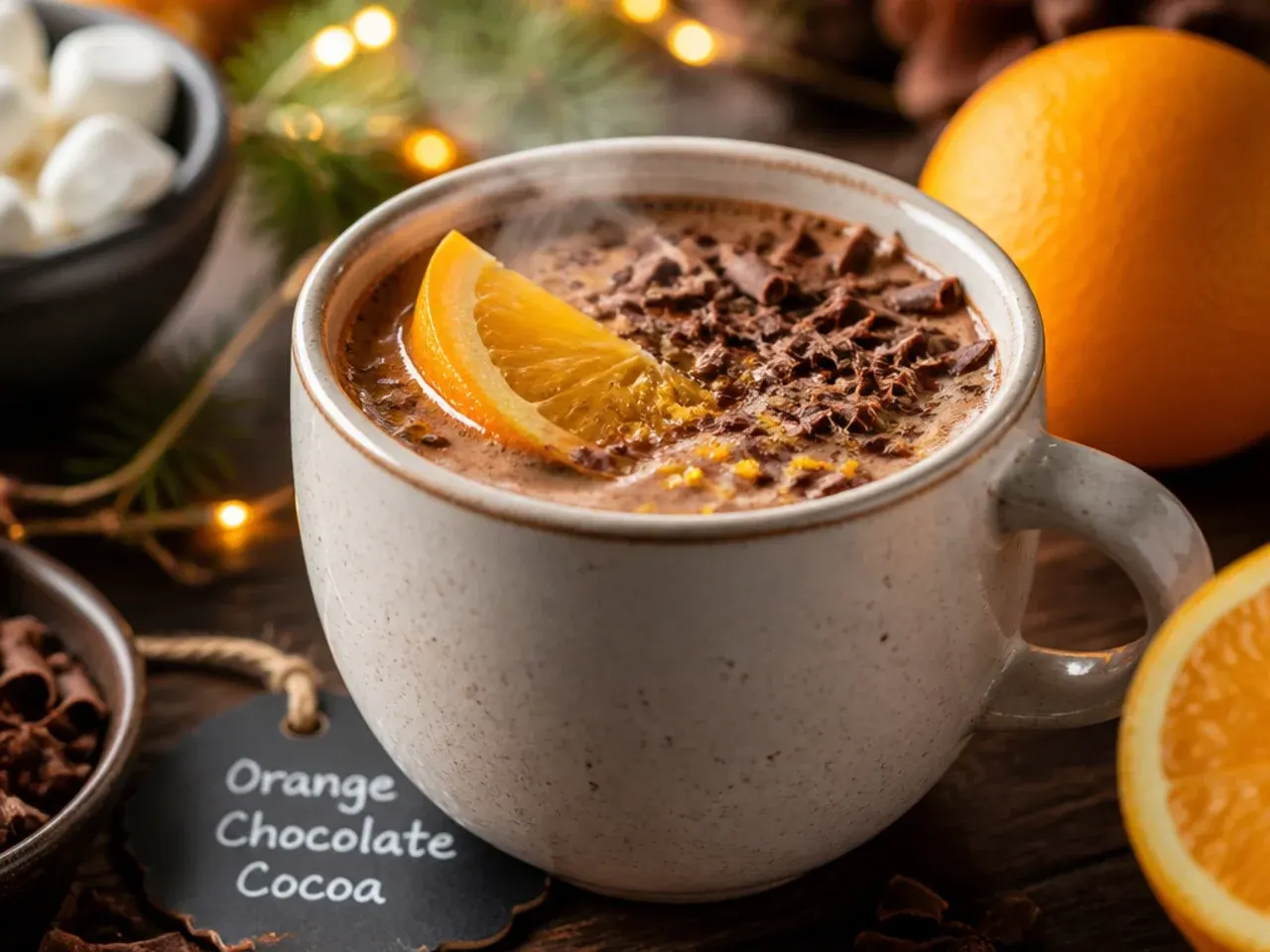 Orange chocolate hot cocoa garnished with a curl of orange peel