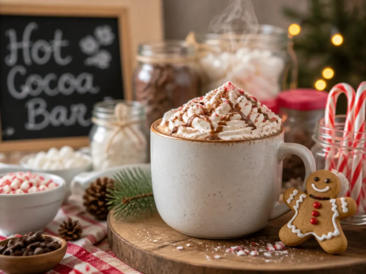 Hot cocoa bar toppings arranged in small bowls with mugs and ladle