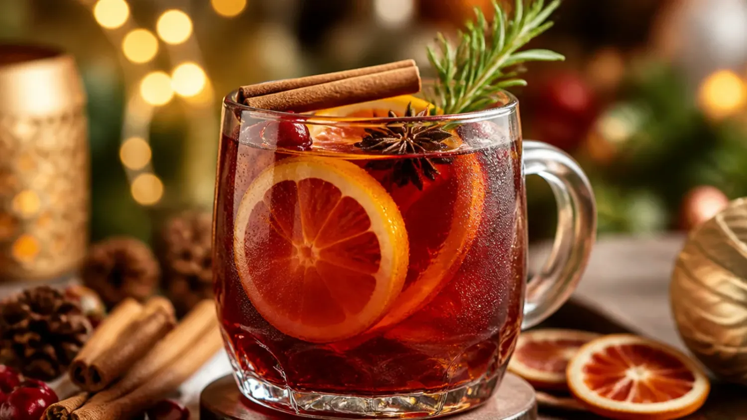 A glass punch bowl of sparkling cranberry-orange holiday punch surrounded by orange slices, cinnamon sticks, and fresh cranberries on a festive table.