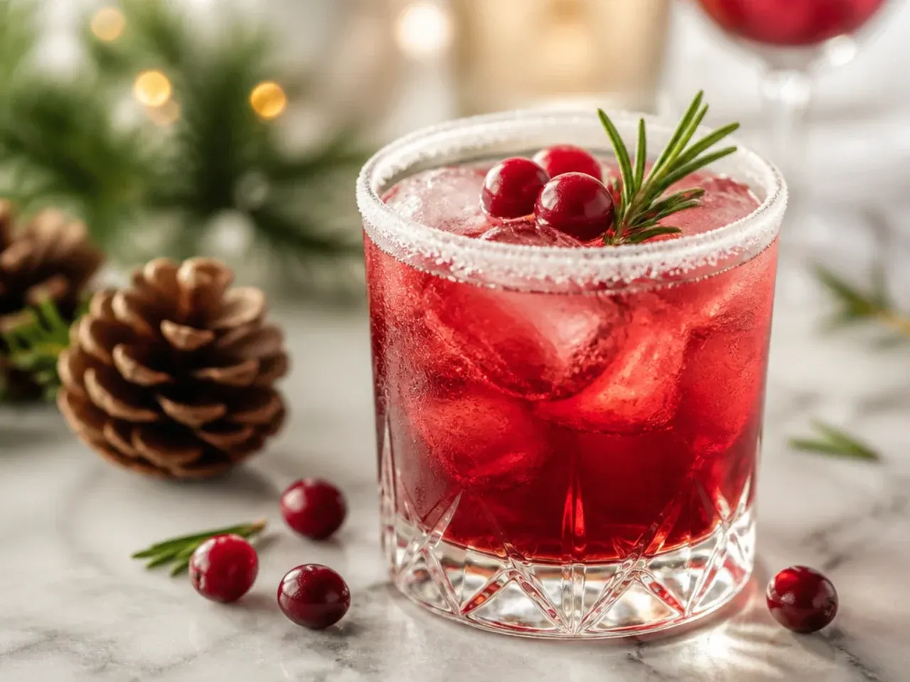 A festive drinks table set up with punch bowl, glasses, and holiday garnishes.