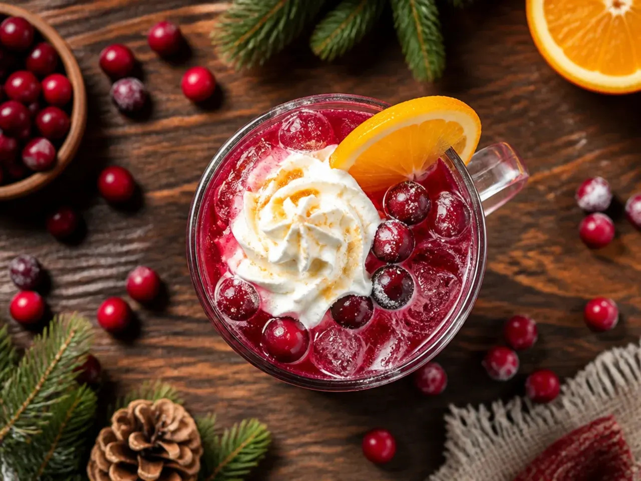 Iced cranberry-orange sparkler in a tall glass with an orange wheel and floating cranberries.
