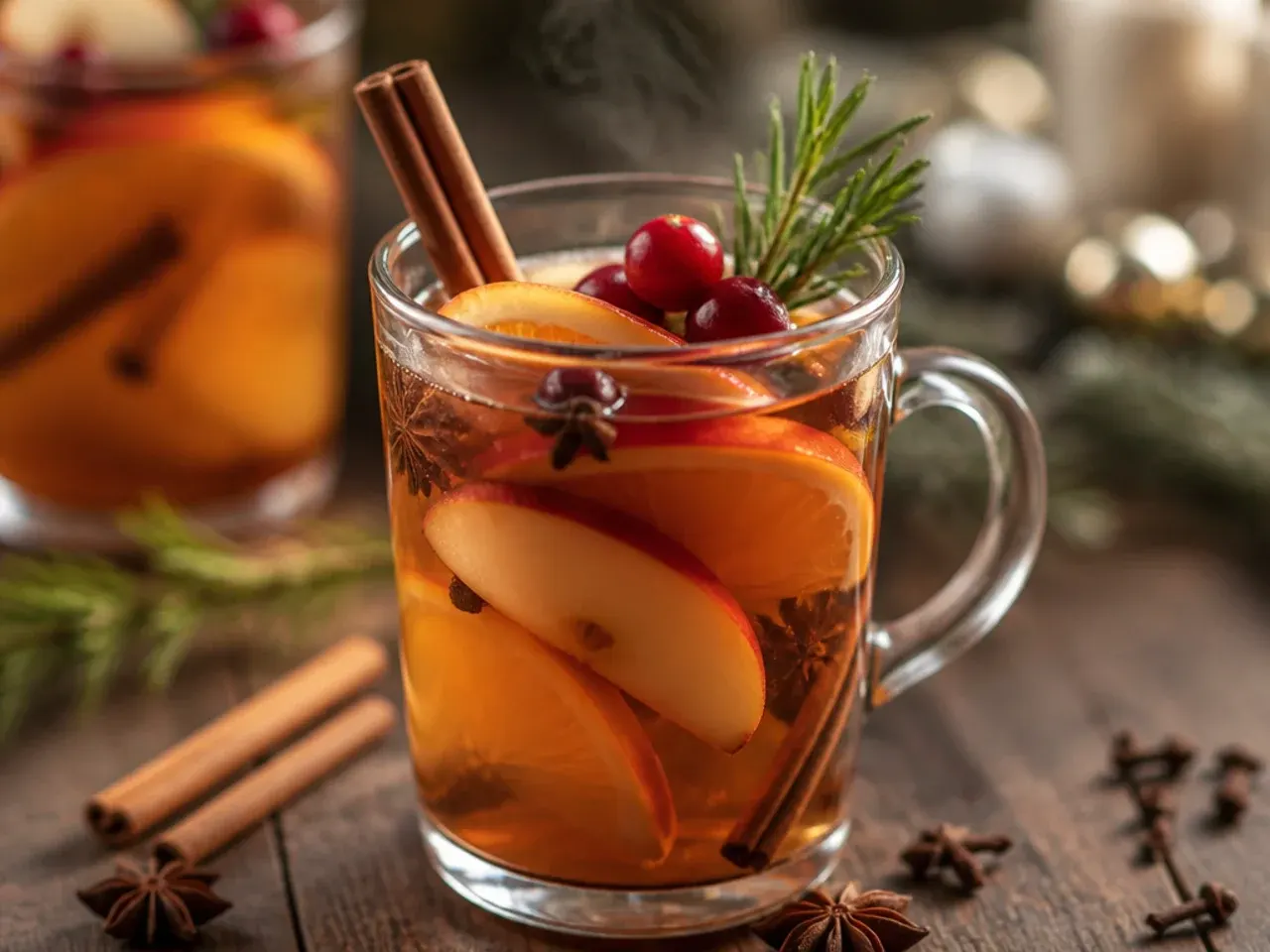 Mug of hot mulled apple cider with a cinnamon stick and orange slice, steam rising.