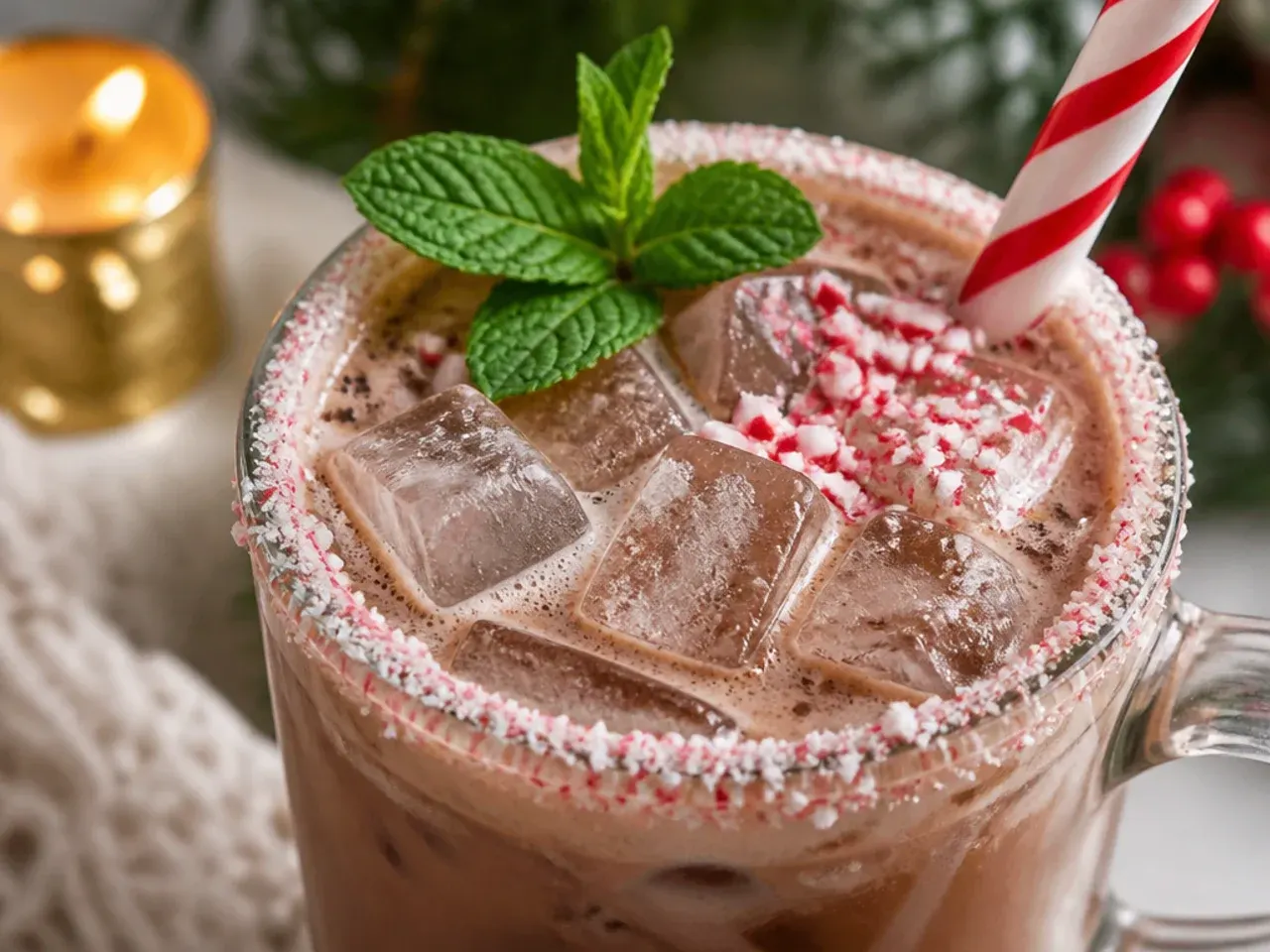 Peppermint mocha in a clear glass mug topped with whipped cream and crushed candy cane.