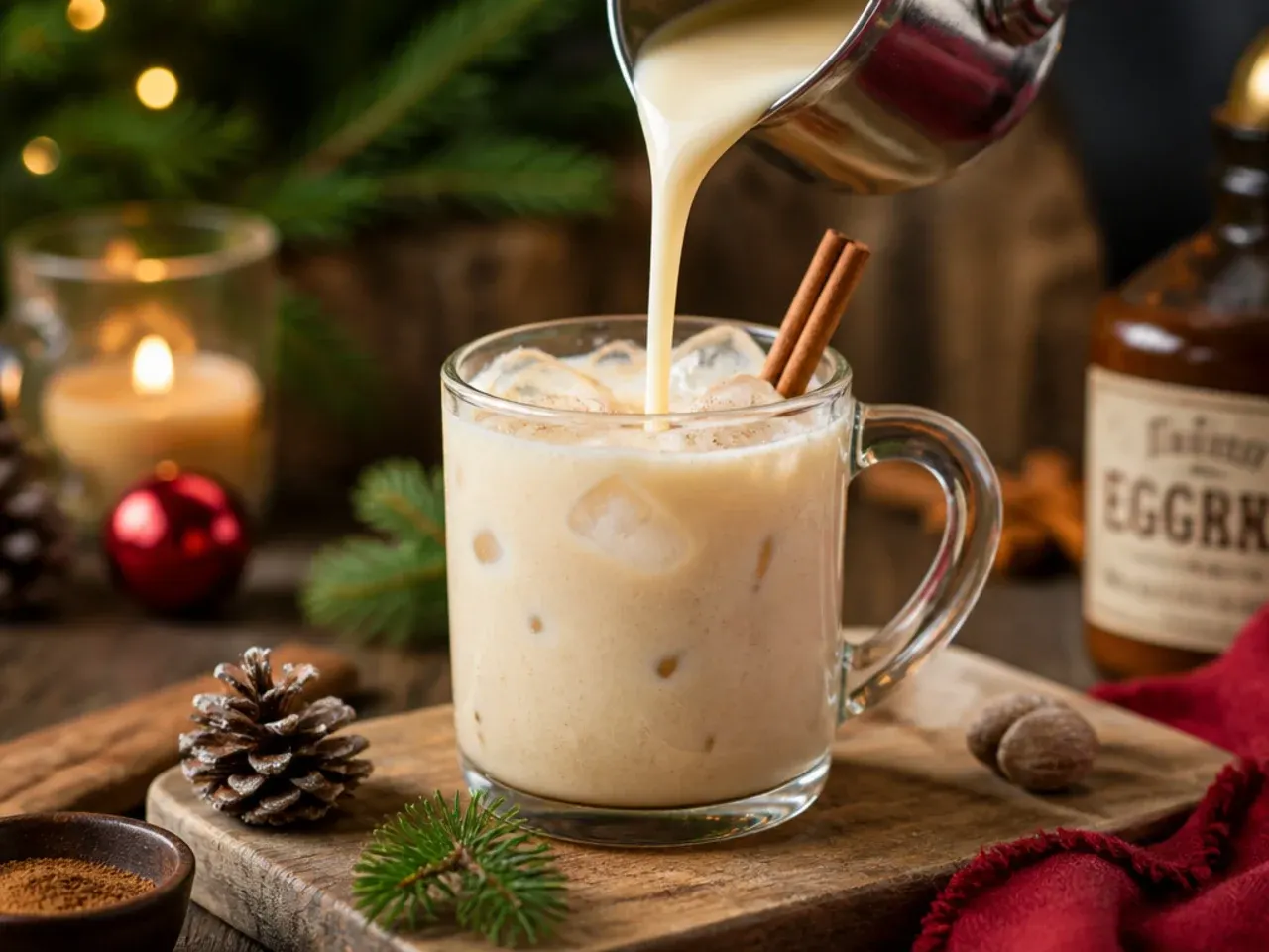 Creamy eggnog latte in a glass mug dusted with nutmeg and cinnamon.