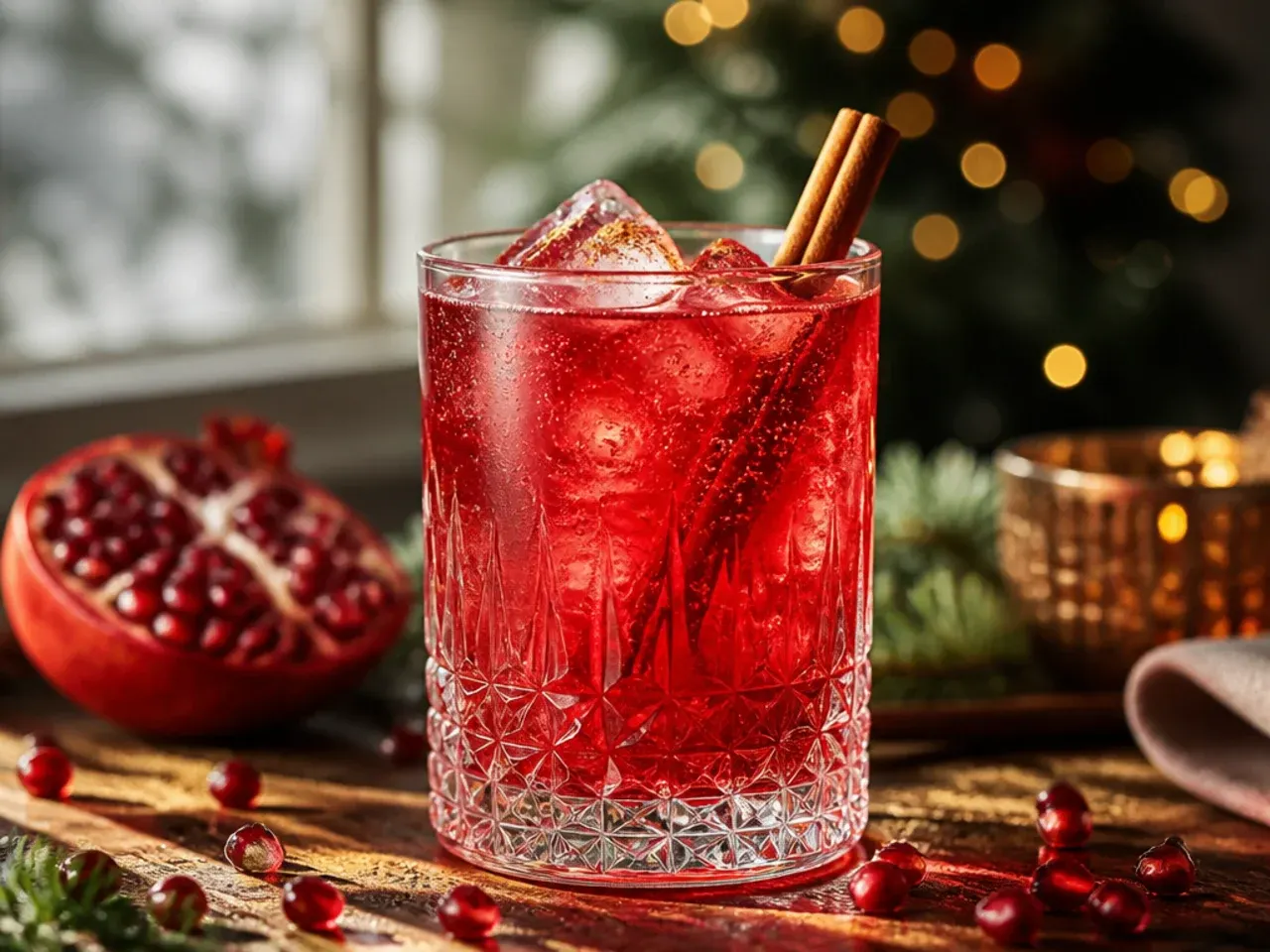 Refreshing pomegranate ginger fizz in a highball glass garnished with pomegranate seeds and lime.