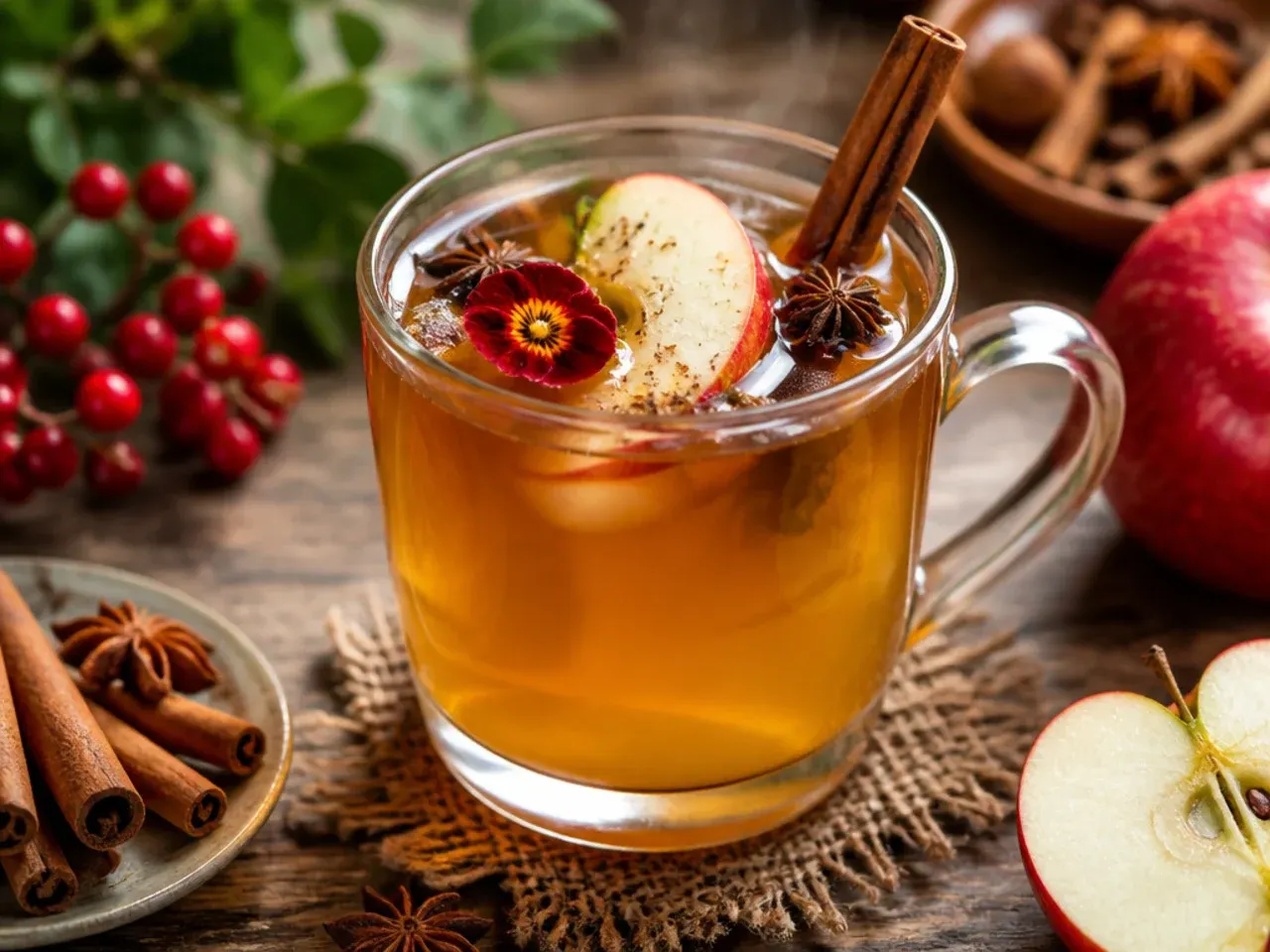 Warm spiced apple toddy in a mug with a clove-studded lemon wheel floating on top.
