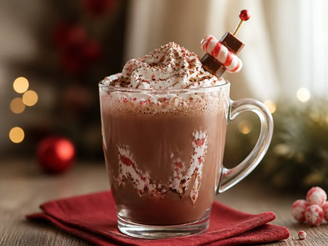 Mug of candy cane hot cocoa with crushed peppermint rim and marshmallows on top.