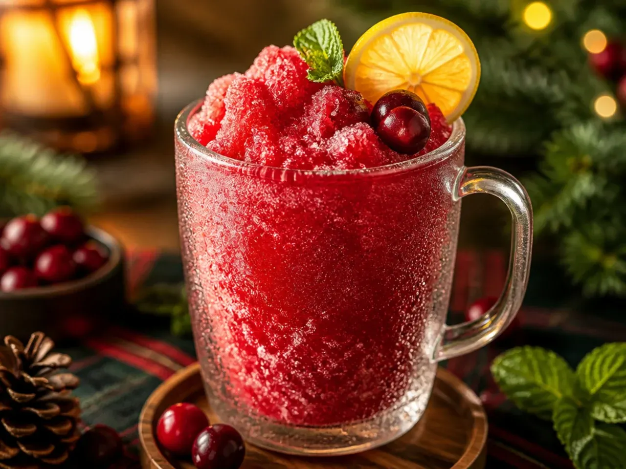 Frozen cranberry slush in a glass with a straw and lime wedge garnish.