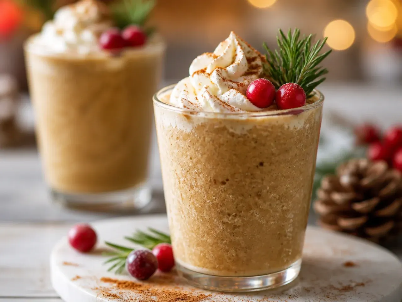 Blended gingerbread frappé in a tall glass topped with whipped cream and cinnamon.