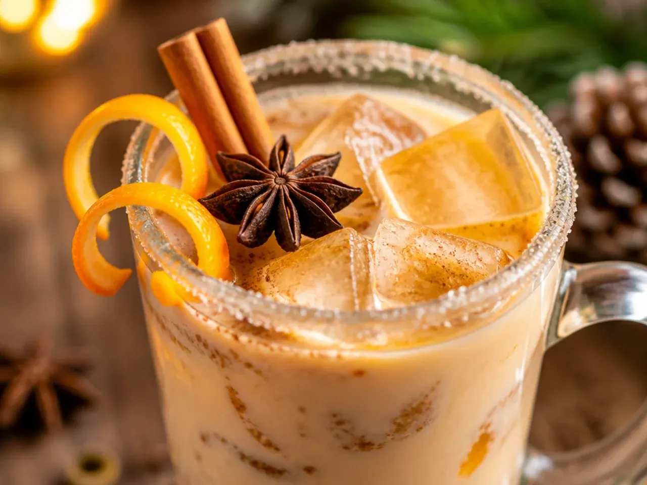 Spiced chai nog in a glass mug showing the layered tea and eggnog colours.