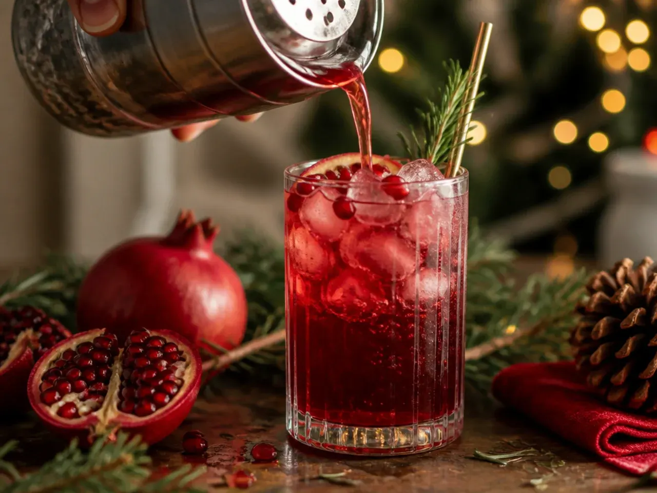 Festive pomegranate spritz in a wine glass garnished with a rosemary sprig.