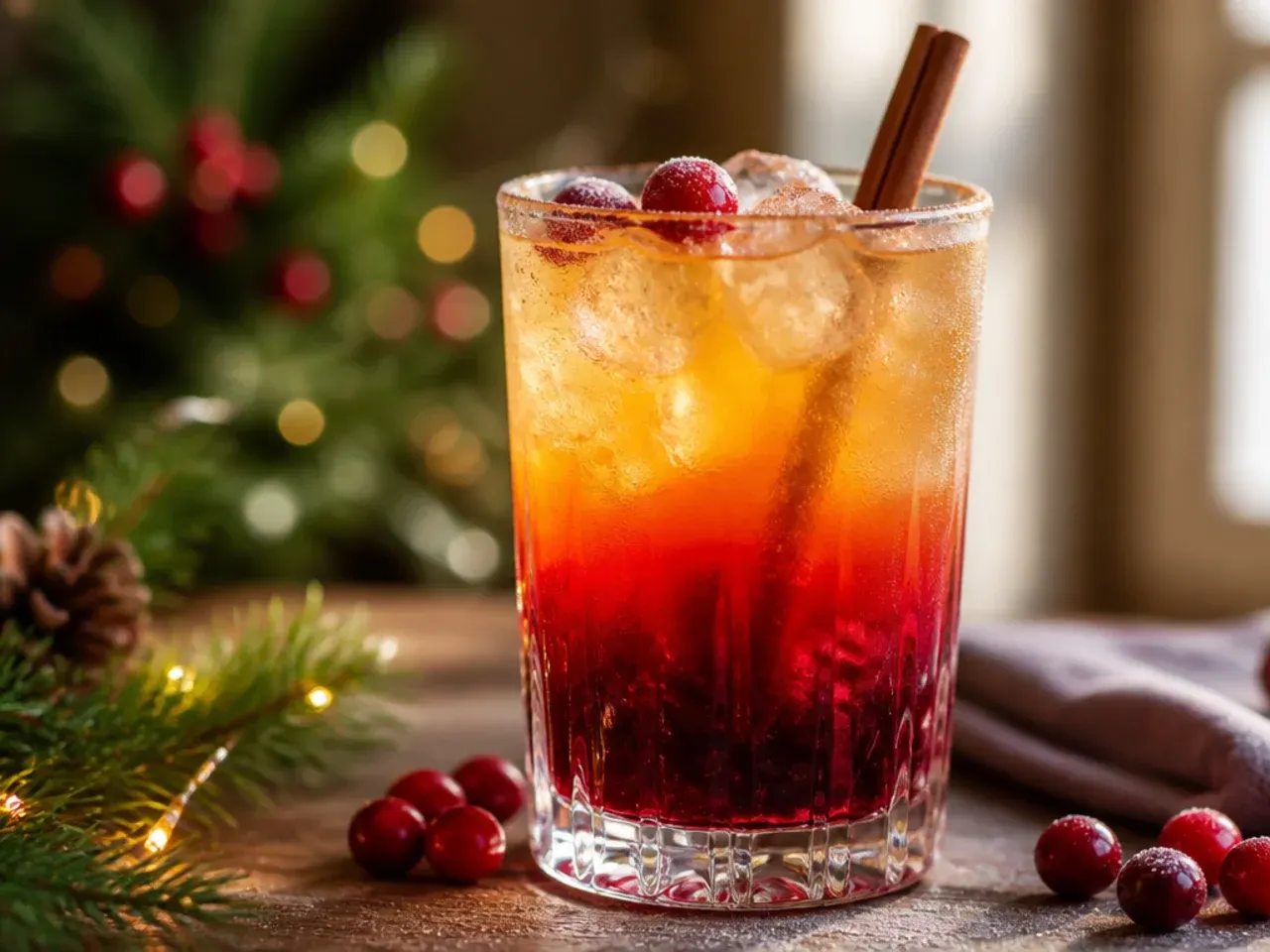 Layered sunset cranberry cooler showing distinct orange and cranberry layers in a glass.