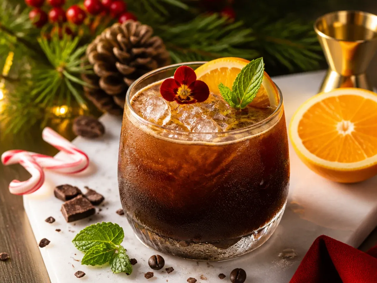 Bold espresso peppermint mocktail in a rocks glass with a candy cane stirrer.