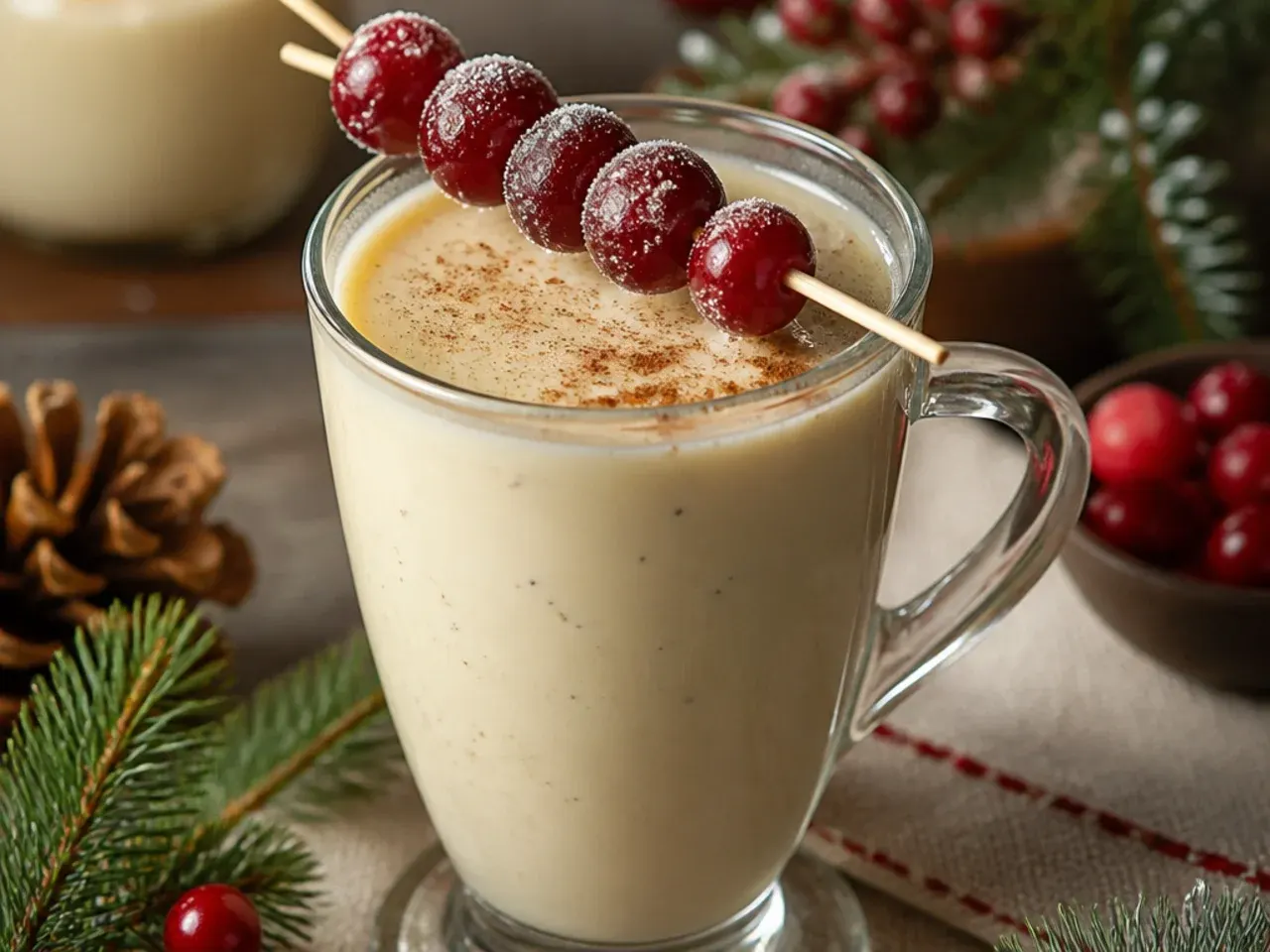 Smooth vanilla bean eggnog in a small glass with grated nutmeg on top.