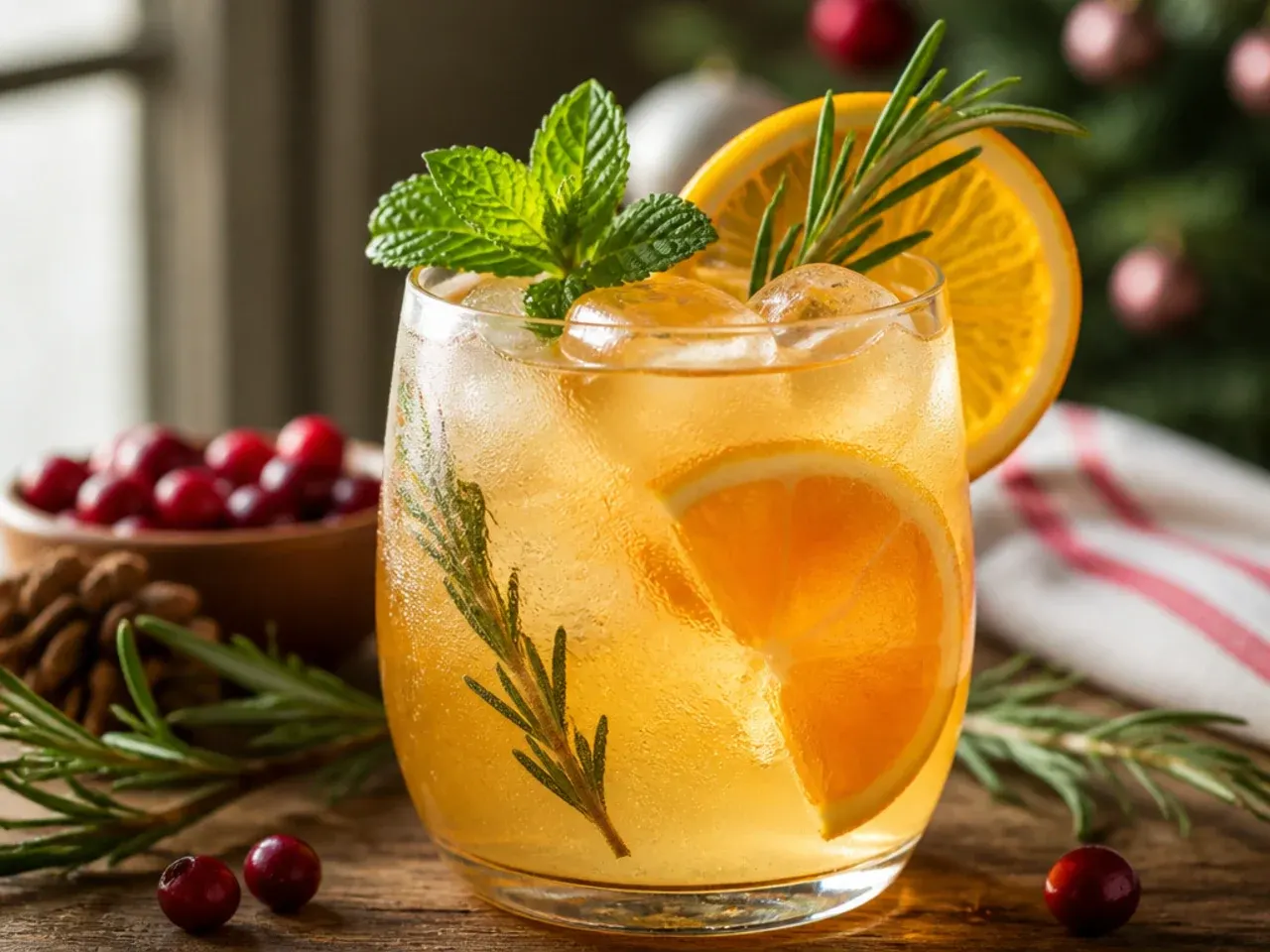 Iced citrus rosemary cooler in a tall glass with a standing rosemary sprig garnish.