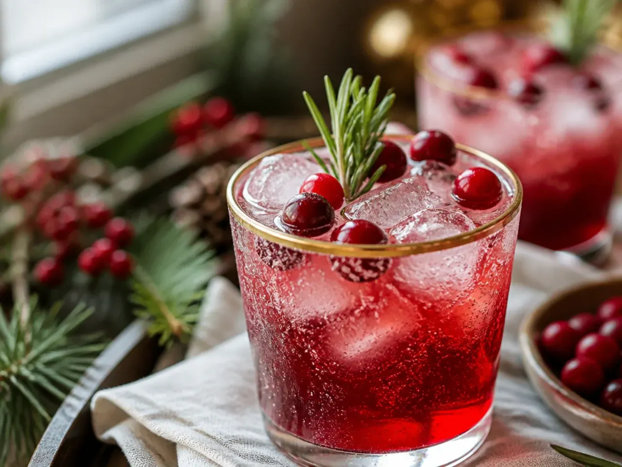 Copycat spiced cranberry sparkler in a sugar-rimmed glass with cinnamon garnish.
