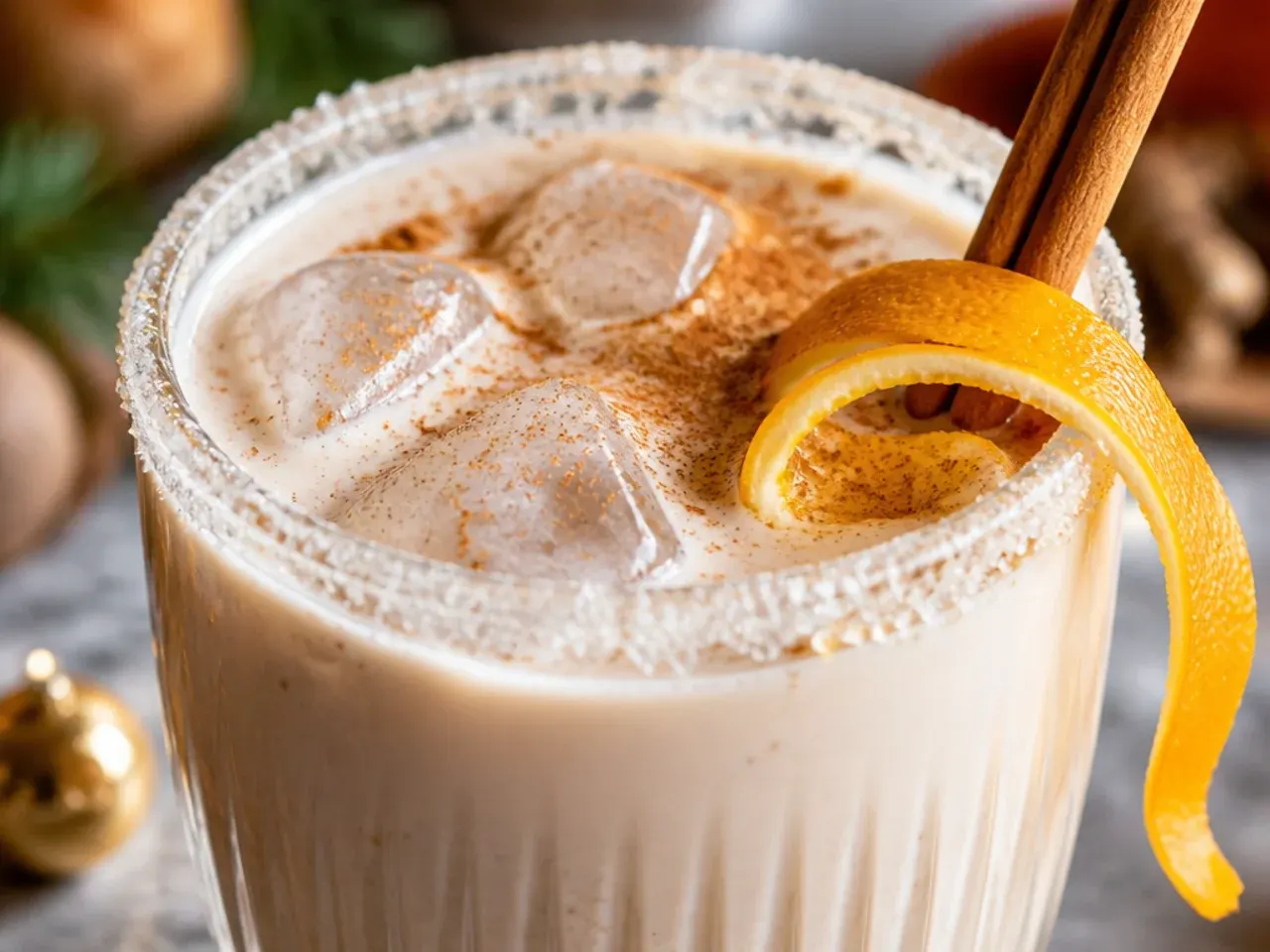 Creamy coconut holiday nog in small glasses dusted with cinnamon.