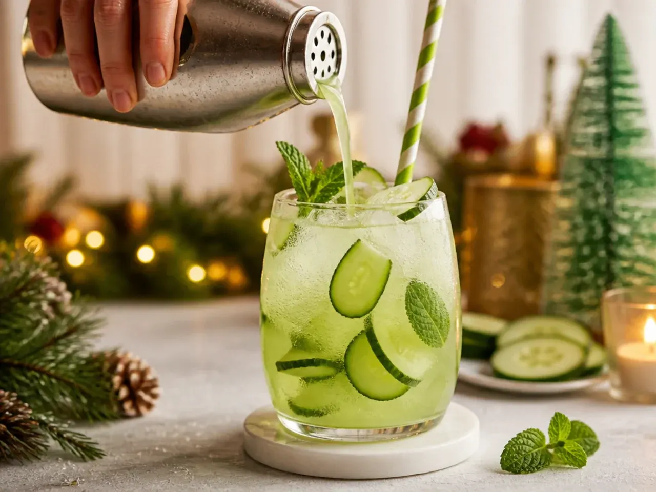 Cucumber mint holiday cooler in a glass with a cucumber ribbon and mint garnish.