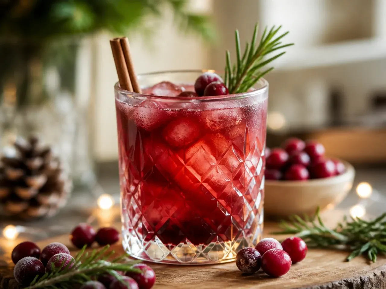 Table of holiday drink garnishes including citrus wheels, cinnamon sticks, and rosemary sprigs.