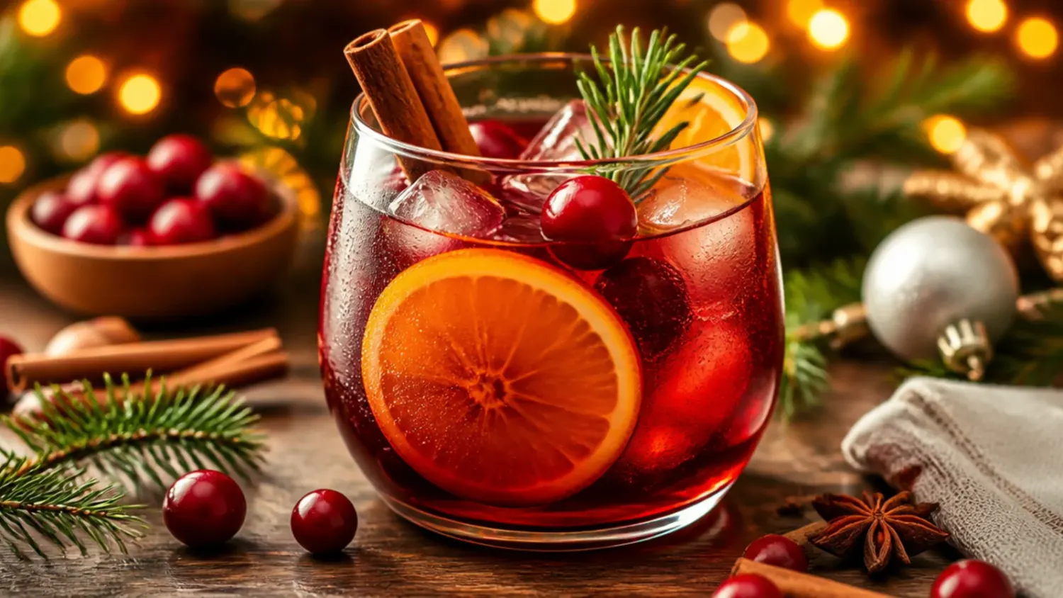 A festive holiday party drinks table with a glowing cranberry punch bowl, mugs of mulled wine, and garnished cocktails surrounded by pine and citrus