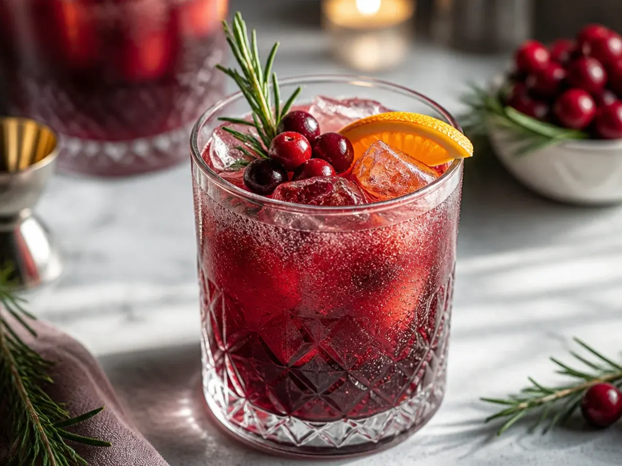 Overhead shot of assorted holiday party drinks in glasses and mugs on a festive table