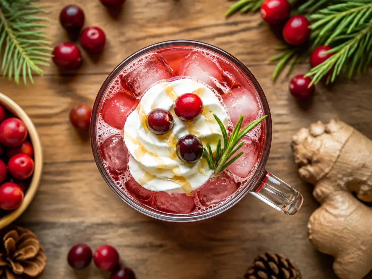 Iced cranberry ginger fizz in a tall glass garnished with frozen cranberries and a lime wheel