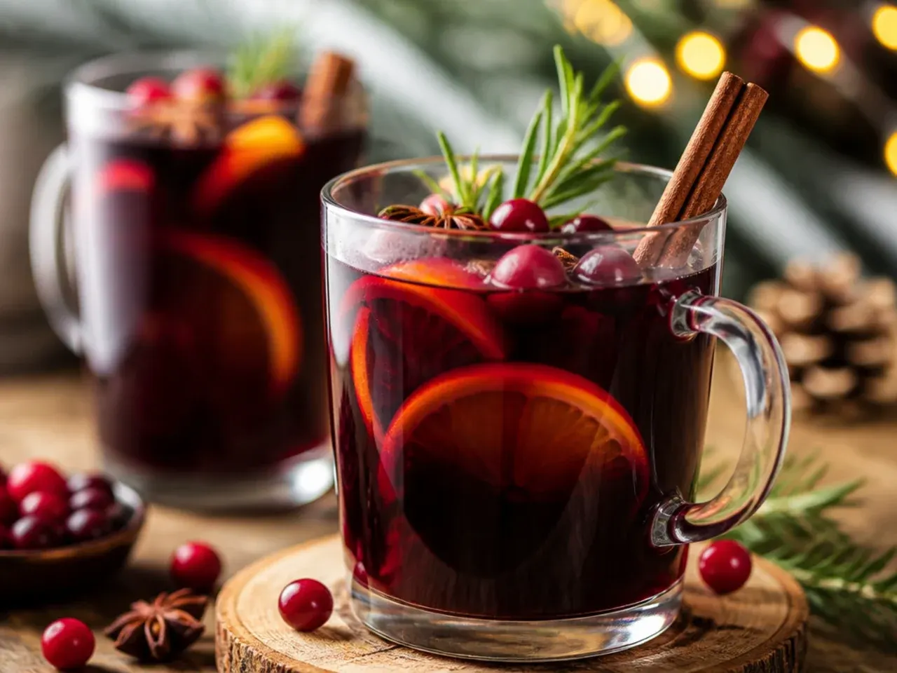 Pot of classic mulled wine simmering with orange slices and cinnamon sticks