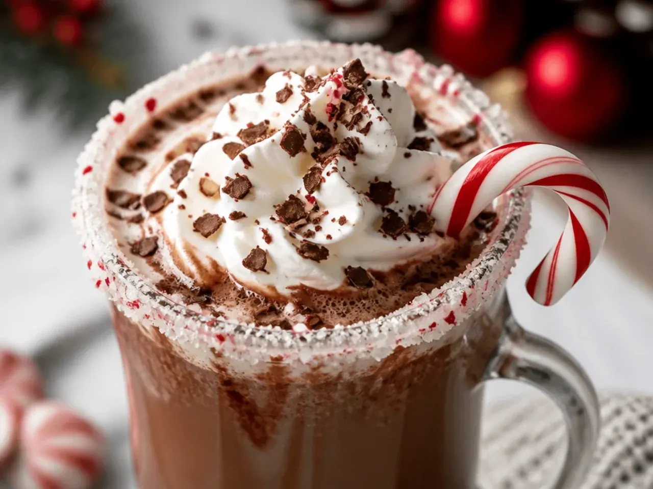 Copycat peppermint mocha in a clear glass mug topped with whipped cream and crushed candy cane