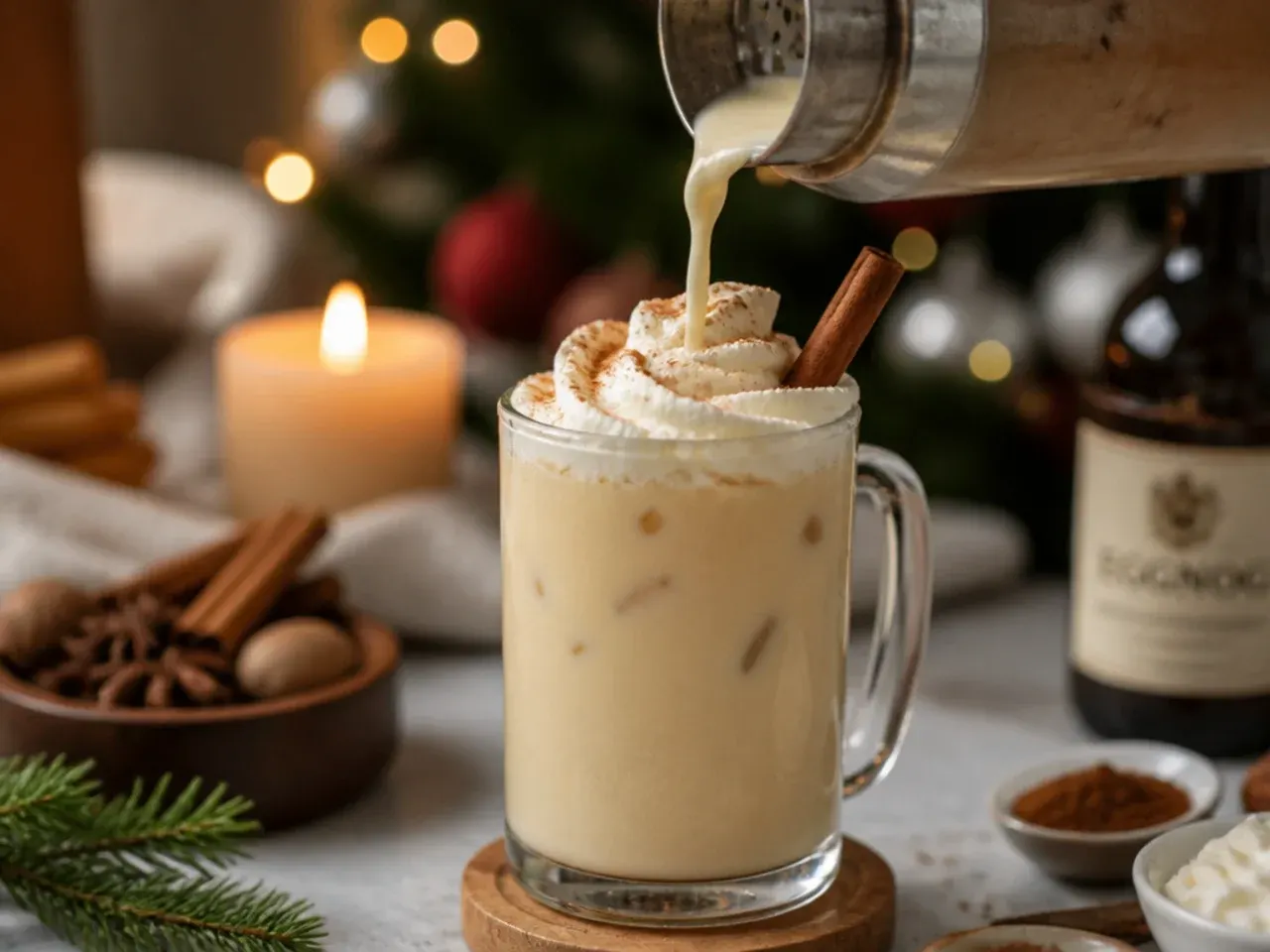 Creamy eggnog latte in a mug dusted with fresh grated nutmeg