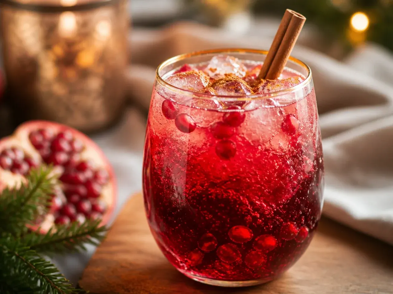 Refreshing pomegranate spritzer with pomegranate arils and a sprig of mint